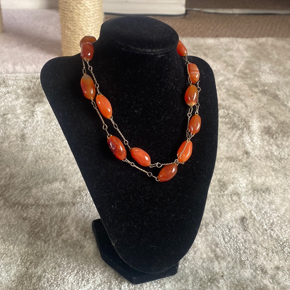 Carnelian Natural Gemstone Twisted Metal Link Necklace